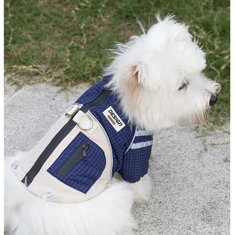 Khaki plaid and beige padded dog windbreaker with built-in leash ring and zipper pocket