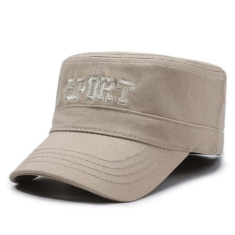 Cotton peaked cap in army green with adjustable strap and English letter detailing.