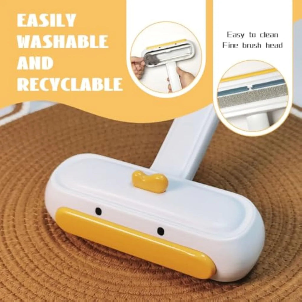 White portable pet hair remover with yellow duck cartoon design for removing fur from furniture and car seats
