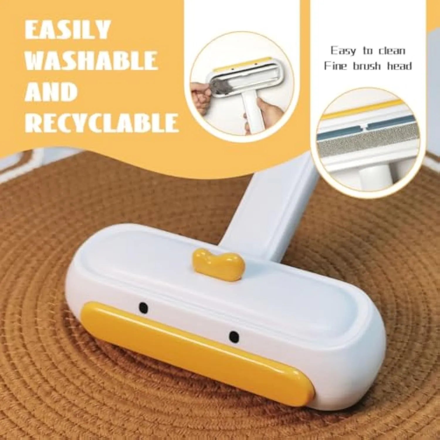 White portable pet hair remover with yellow duck cartoon design for removing fur from furniture and car seats