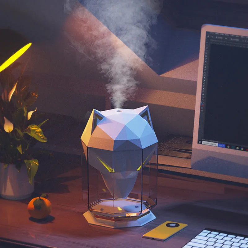 War Wolf Air desktop ultrasonic humidifier with colourful LED lights and USB cable.