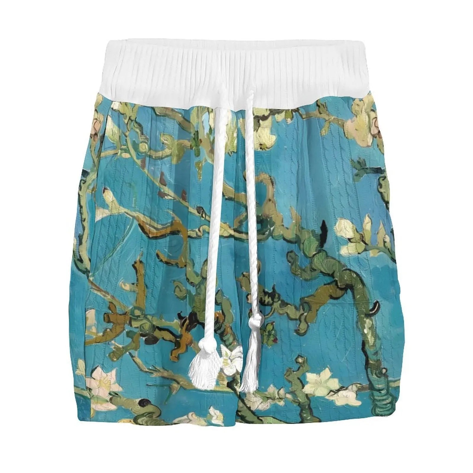 Men's peacock blue casual shorts suit with 3D printed knitted pattern on the trousers.