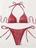 Women's split bandage bikini swimsuit in six colour options with detailed sizing measurements