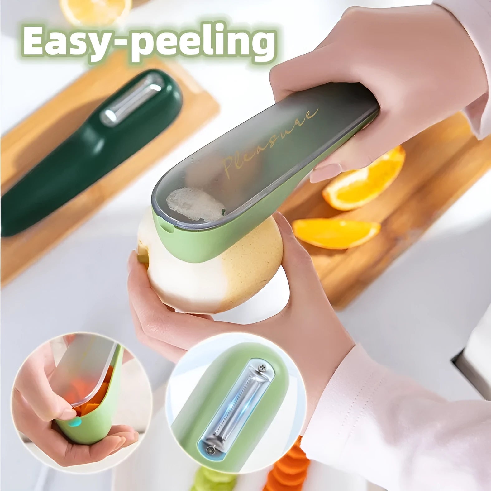 Dark green kitchen peeler with storage tube and stainless steel blade for vegetables
