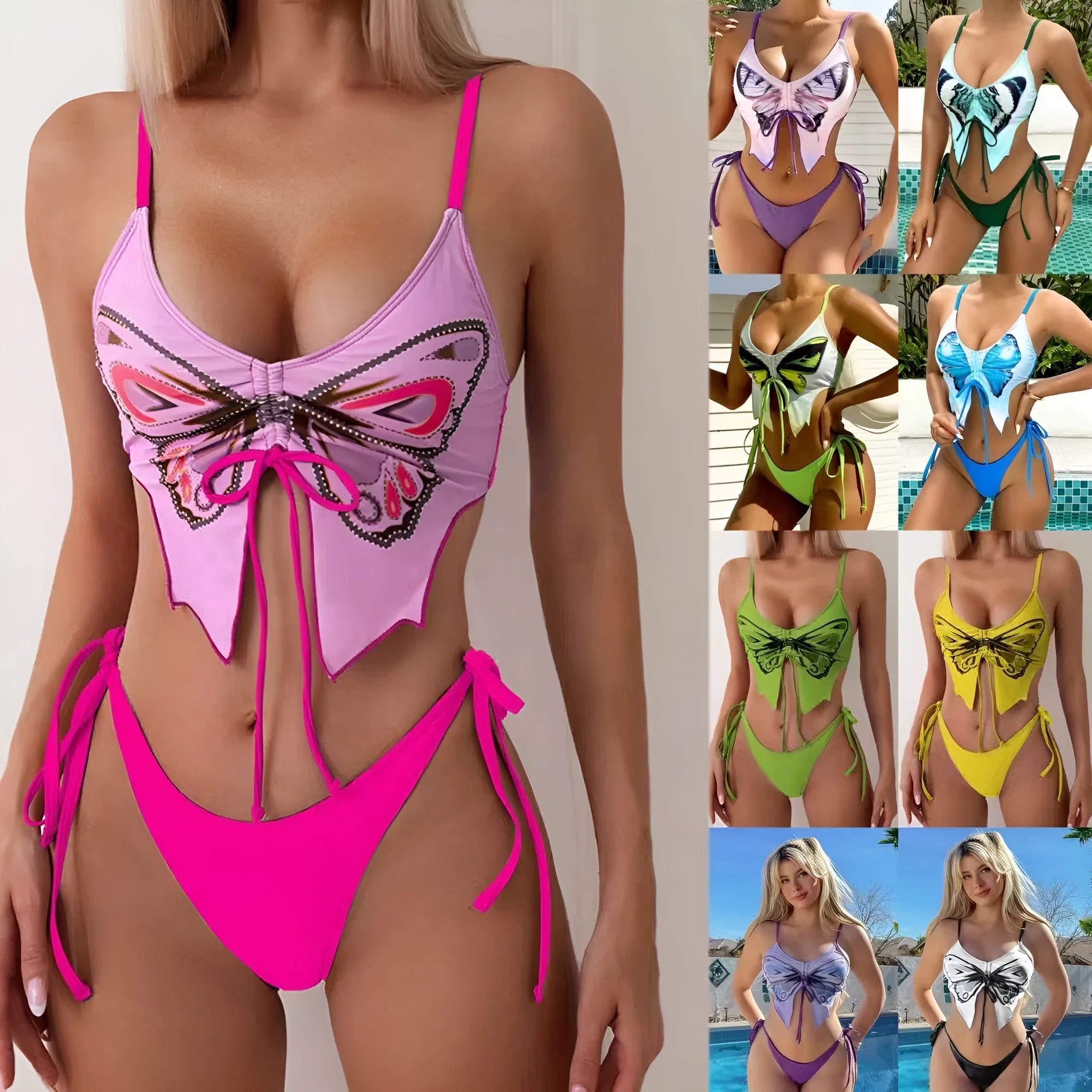 Women's bow ins style split bikini suit in sleeveless design with European American pattern