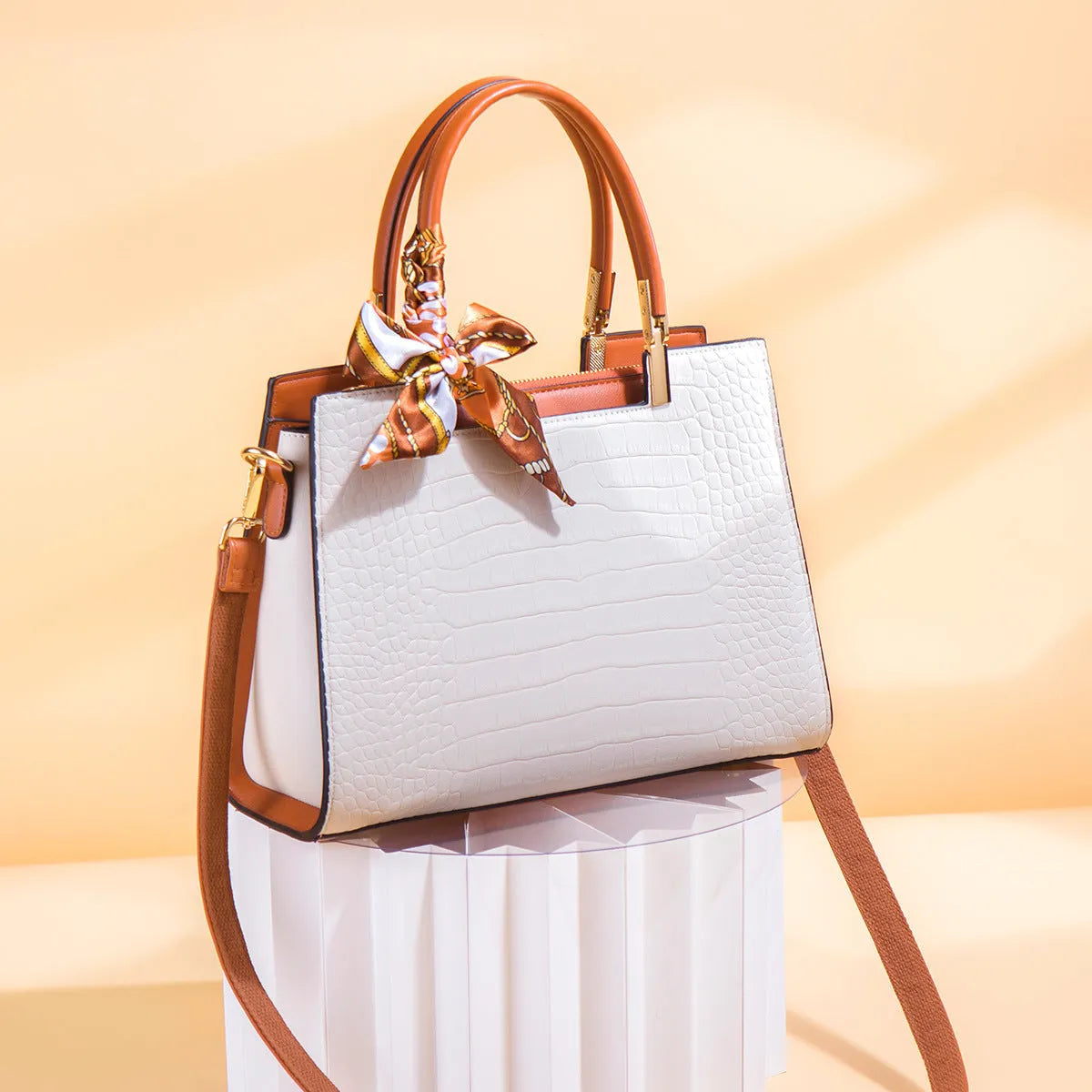Milky white women's square shoulder handbag made from PU leather, showing slit pocket and clean sewing lines.