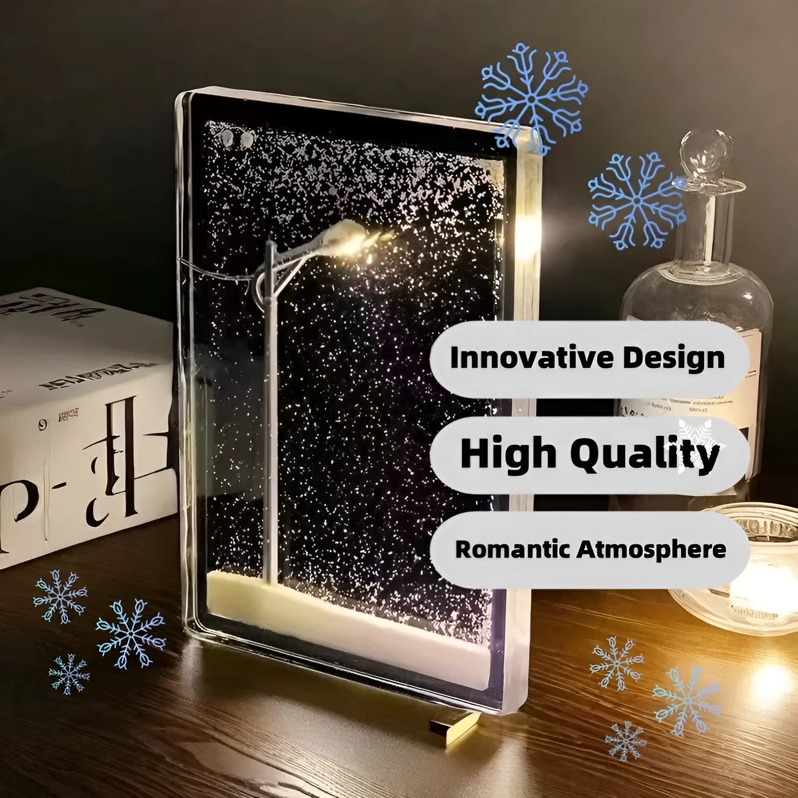 DIY snowy landscape Christmas night light with flowing snow effects and small street lamps on desktop