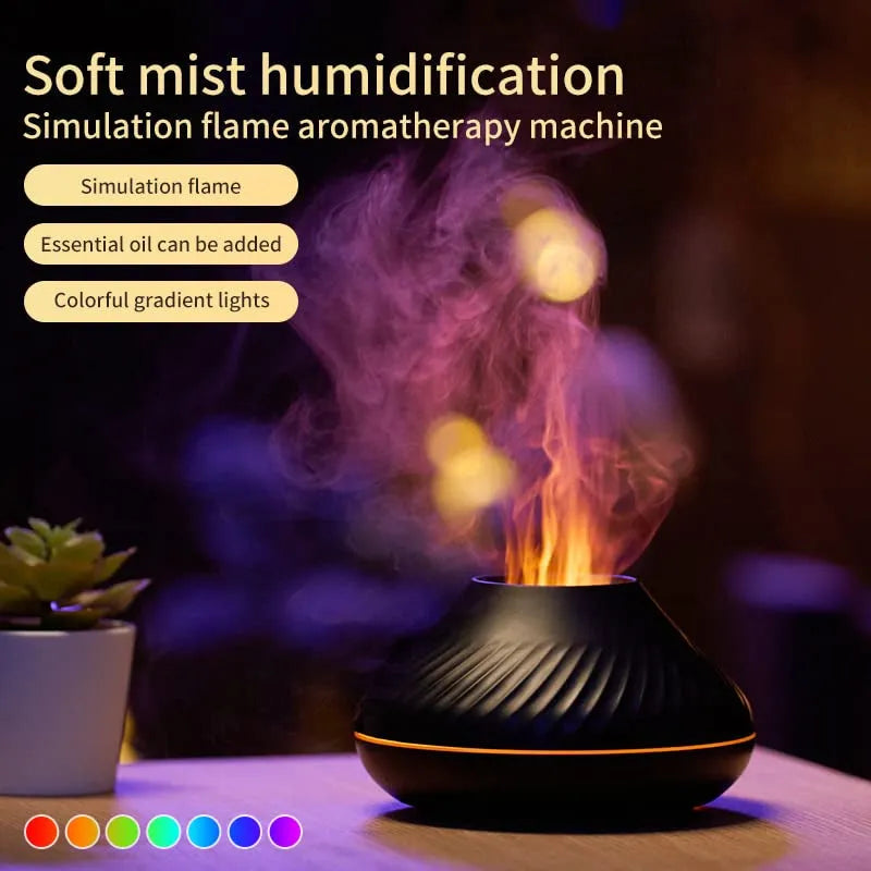 Beige aromatherapy diffuser with LED flame effect lighting and mist output