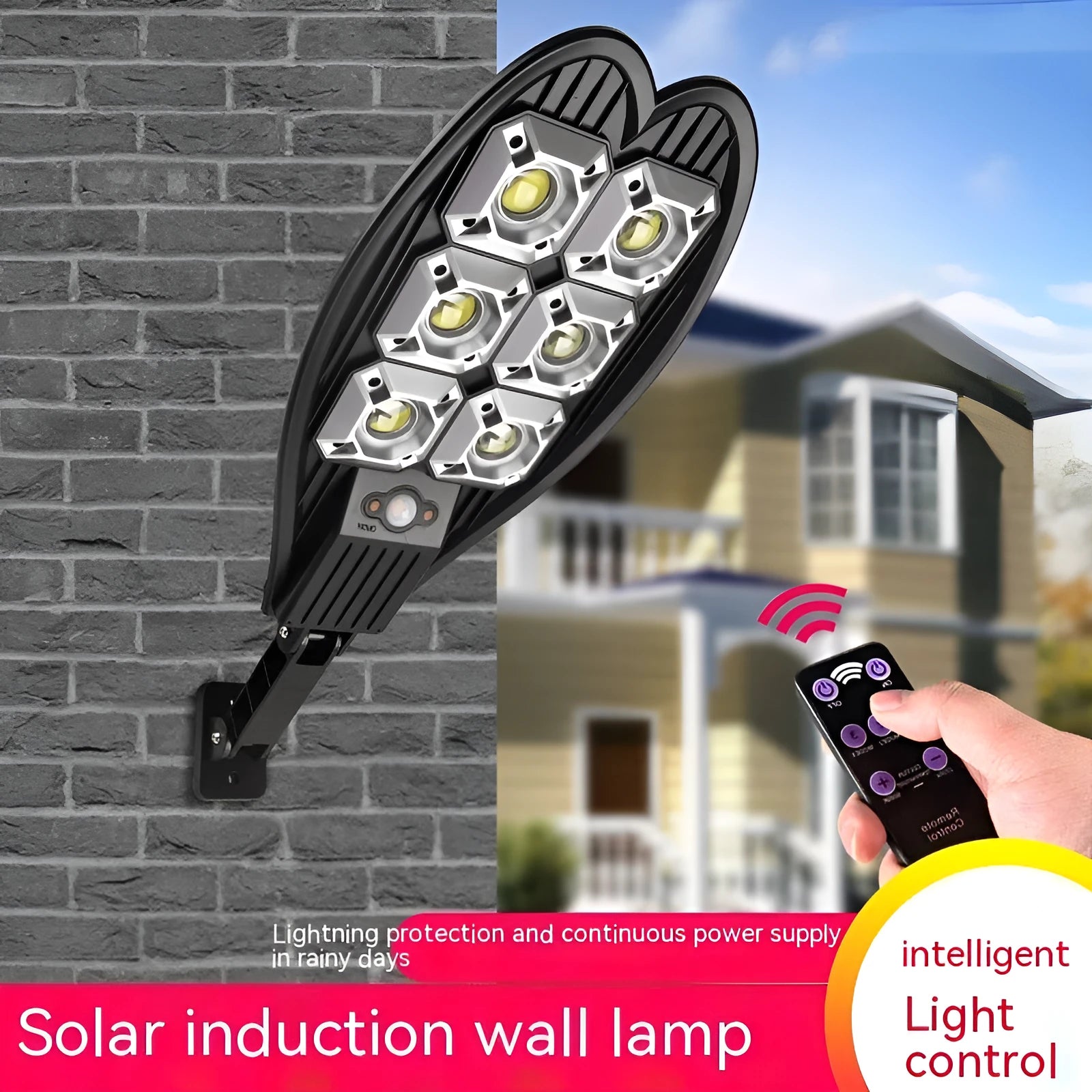 White 6-eye outdoor solar garden lamp with solar panel and remote control on a garden path.