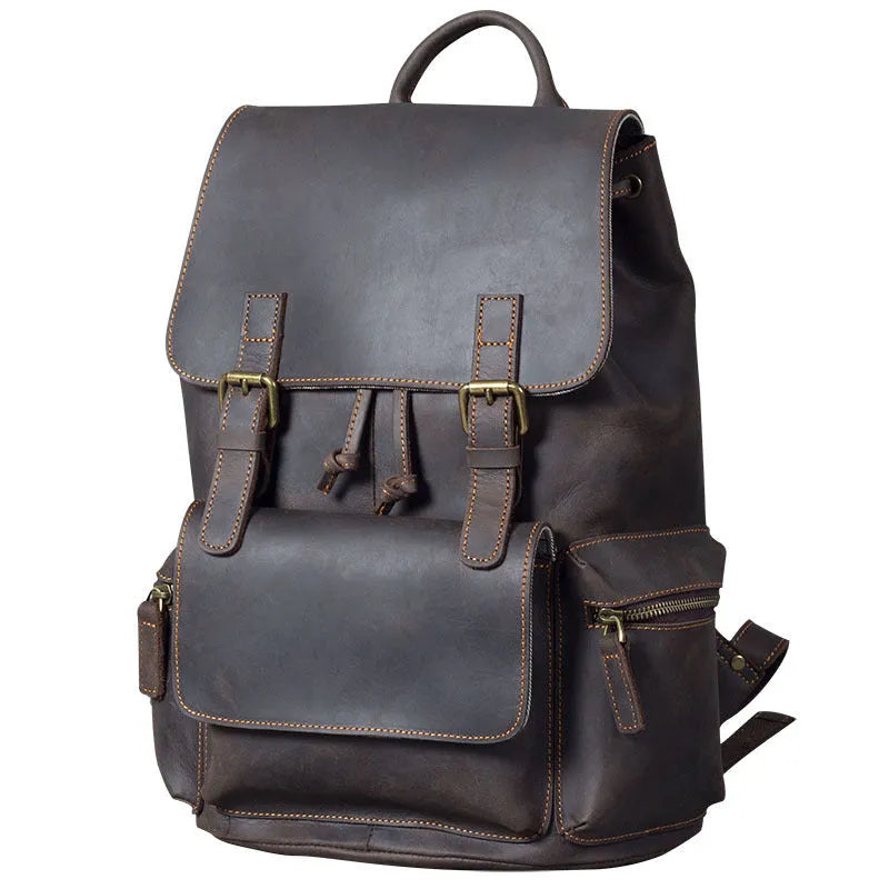 Retro crazy horse leather backpack in brown showing double shoulder straps and soft handle