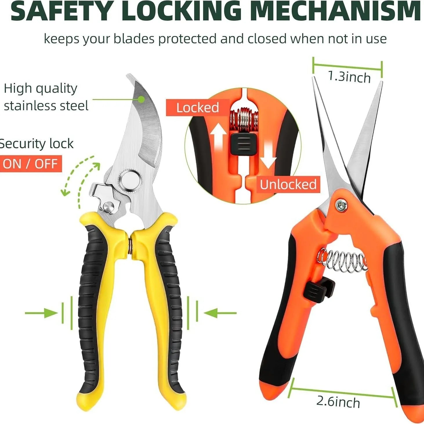 Set of three stainless steel pruning shears in yellow and orange with straight heads on white background