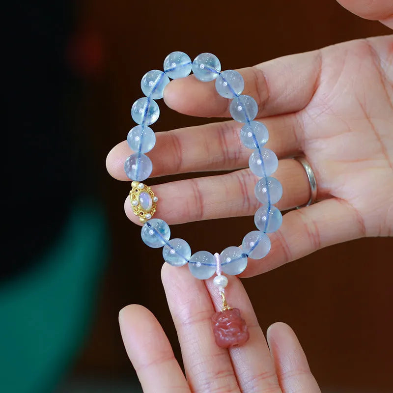 Chinese style aquamarine women's bracelet with pearl decorations and fox charm elements