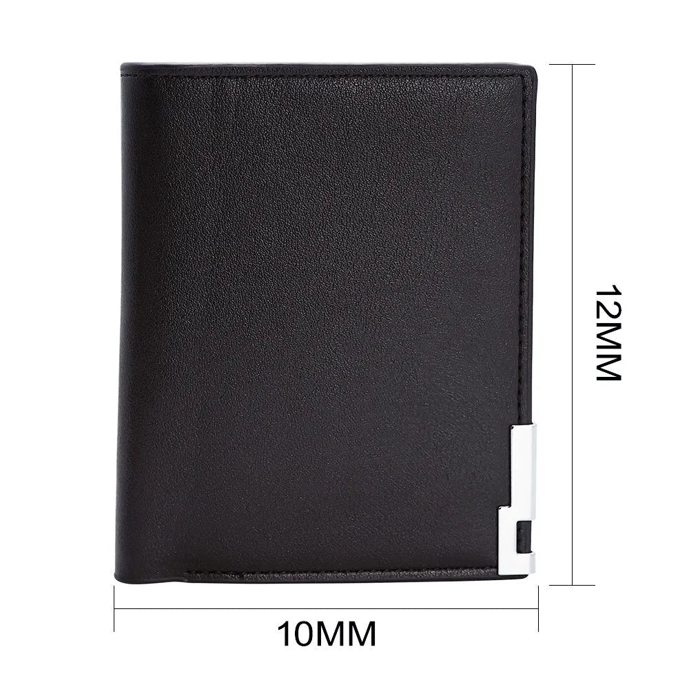 Men's leather wallet with a zipper closure, individually packaged for gift-giving.