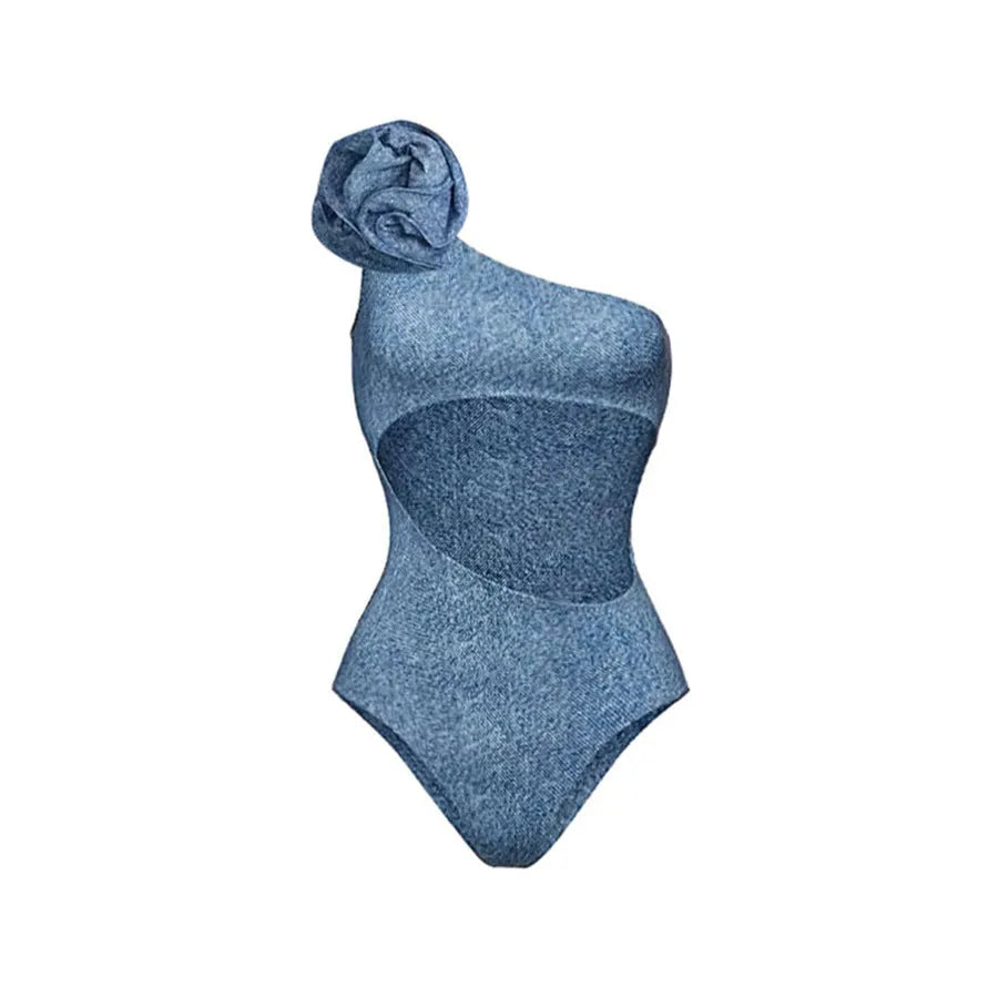Black decorative one-shoulder hollow cowgirl style one-piece swimsuit for women.