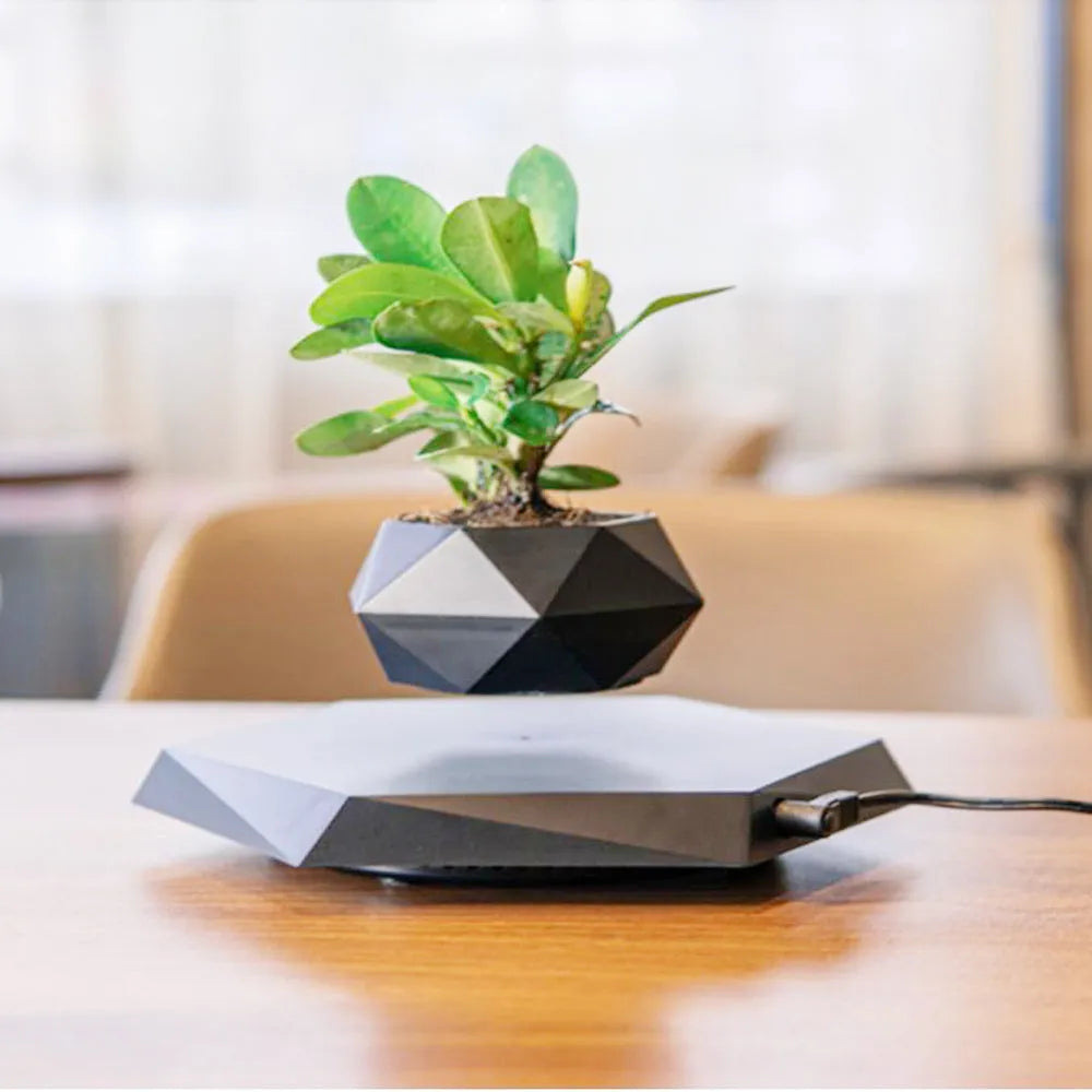 Hexagonal wood grain magnetic levitating flower pot floating above base