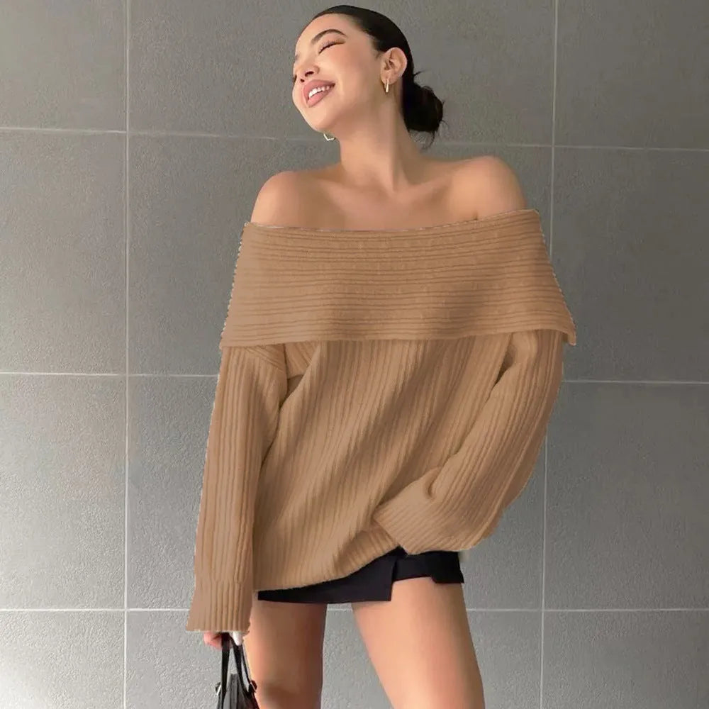 Women's loose-fitting acrylic pullover sweater in off-neck design with long sleeves
