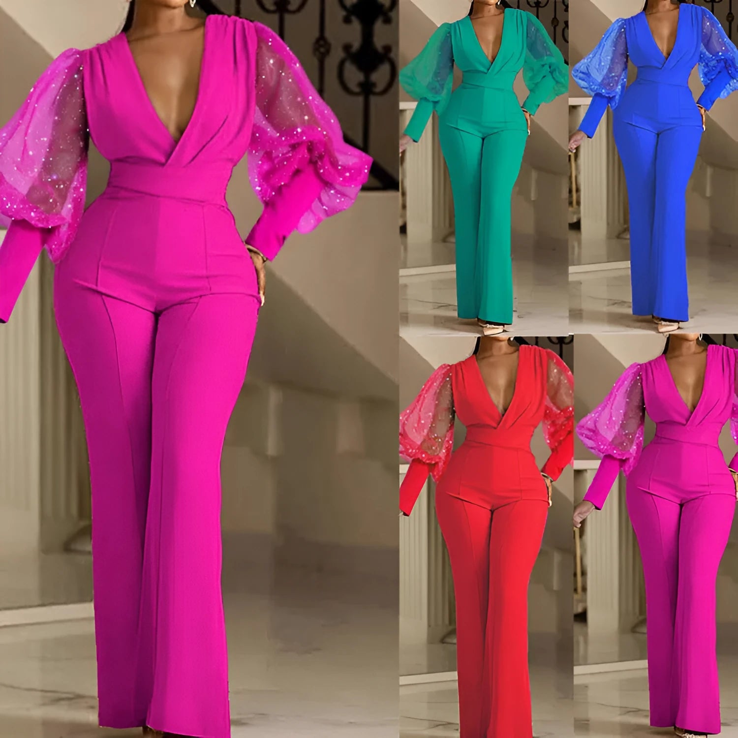 Red long-sleeve jumpsuit with mesh stitching detail, slim fit, wide legs, and an elastic waistband.