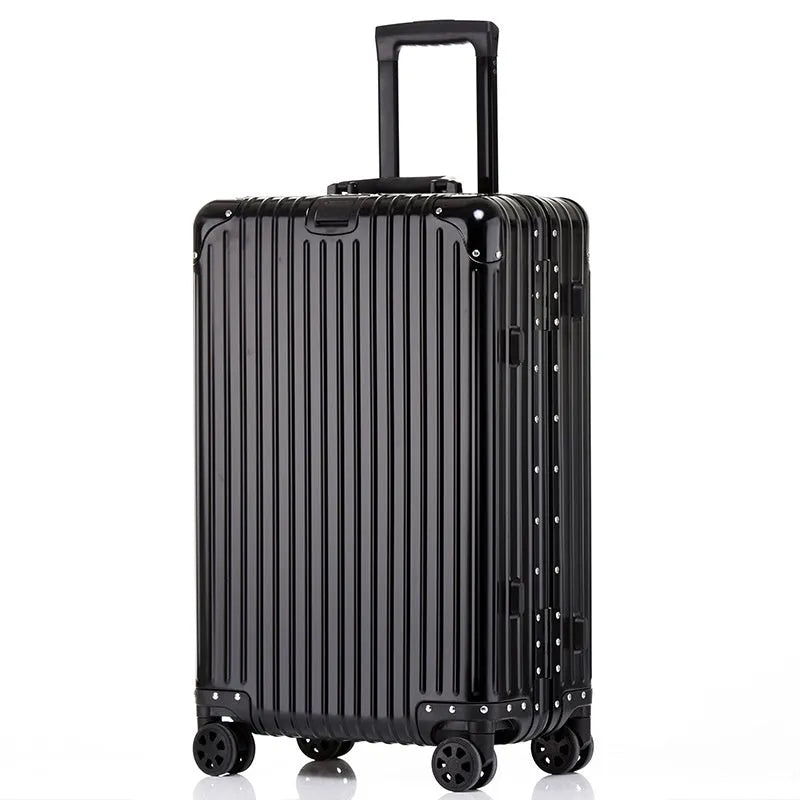 Alloy trolley case luggage with metal frame, universal wheels, solid colour, available in multiple sizes