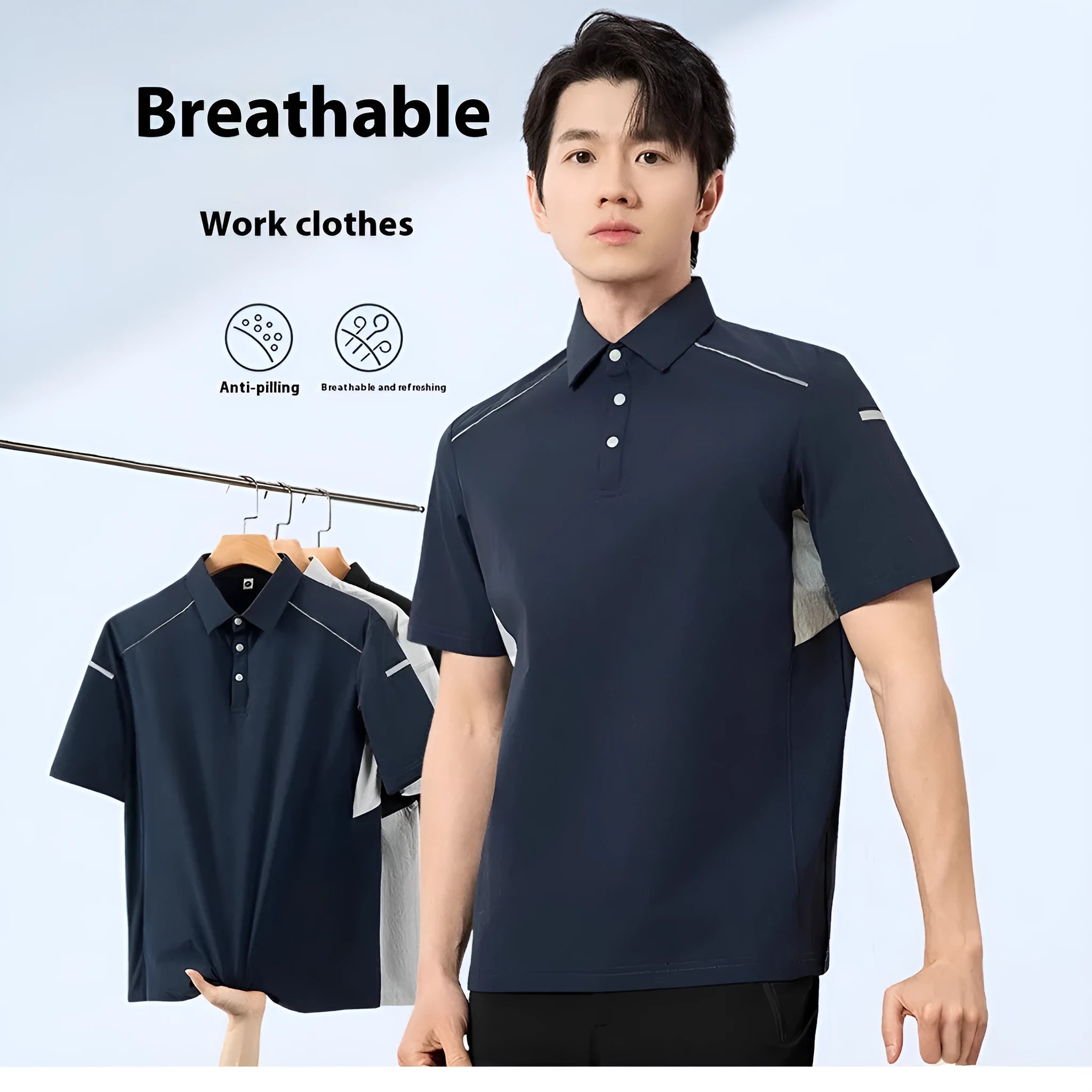Men's solid colour short sleeve shirt with Ice Feeling quick-dry technology in black, navy, or grey.