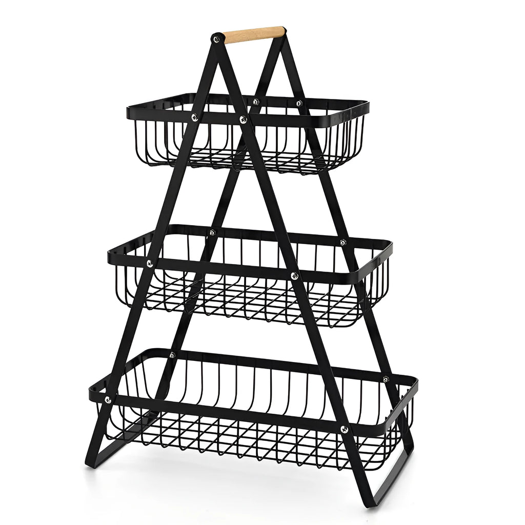 Black iron double-layer fruit basket with wooden handle, detachable storage rack for kitchen countertop
