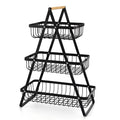 Black iron double-layer fruit basket with wooden handle, detachable storage rack for kitchen countertop