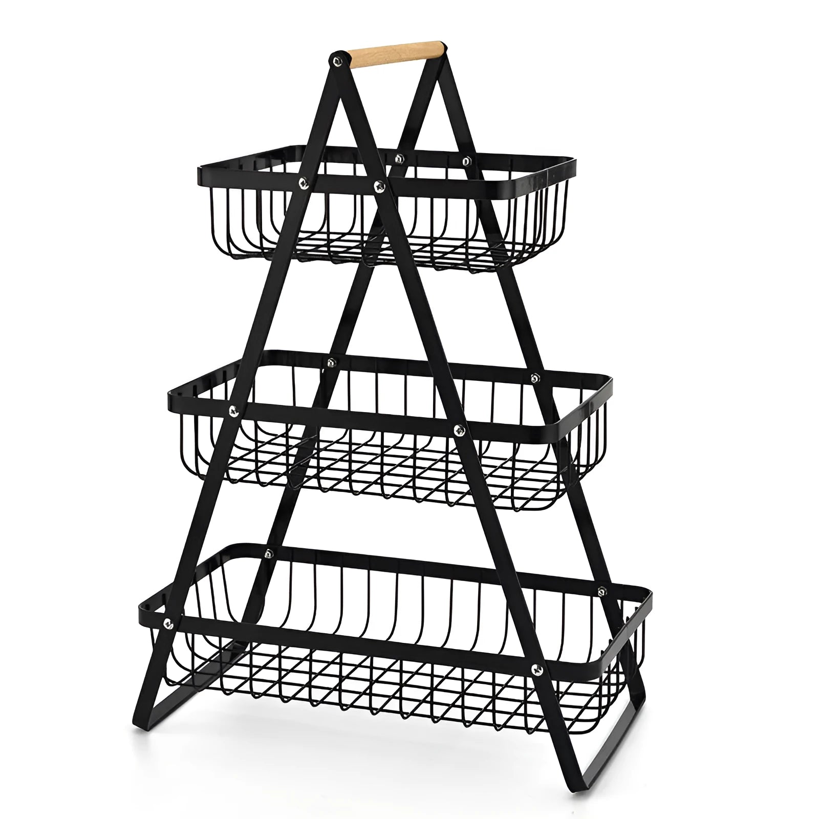 Black iron double-layer fruit basket with wooden handle, detachable storage rack for kitchen countertop