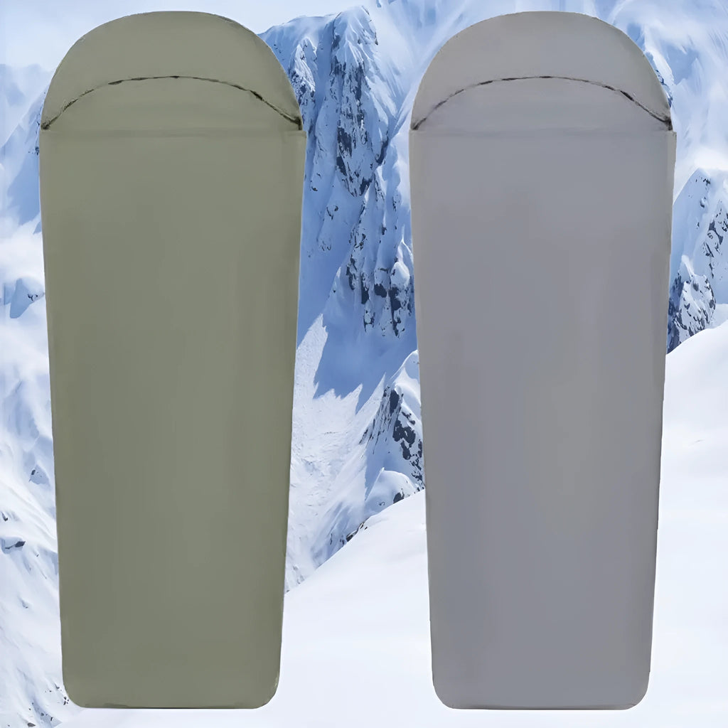 Blue or green lightweight nylon mummy-style camping sleeping bag for adults.
