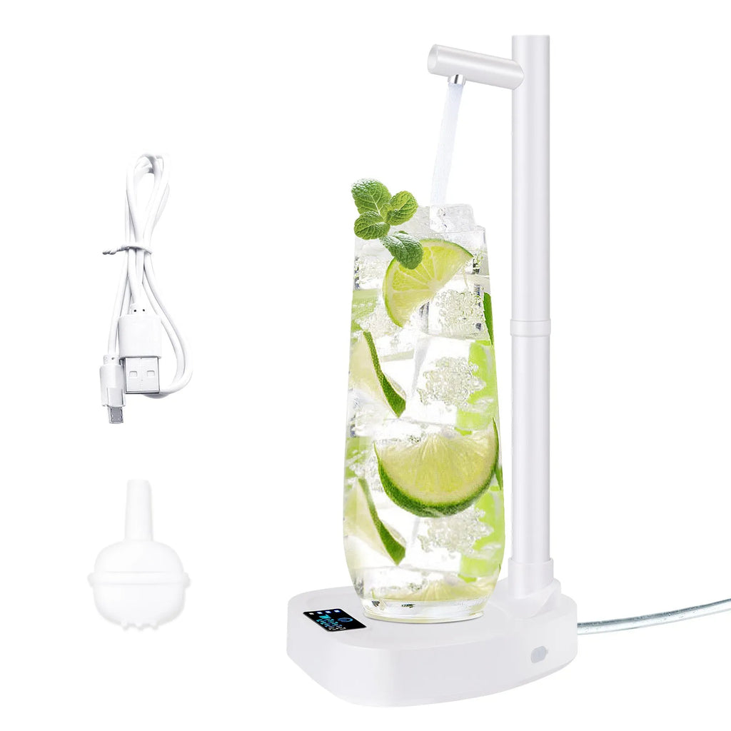 White and blue rechargeable desktop water dispenser pump with LED display on a water bottle.