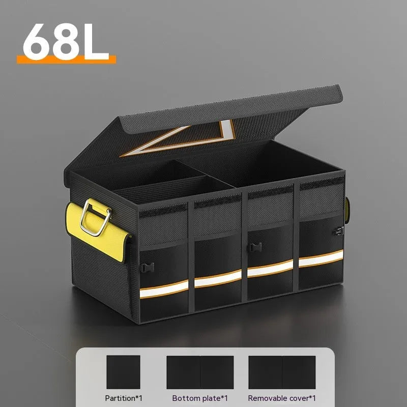 Black and yellow foldable car storage bag with handle in three capacity sizes