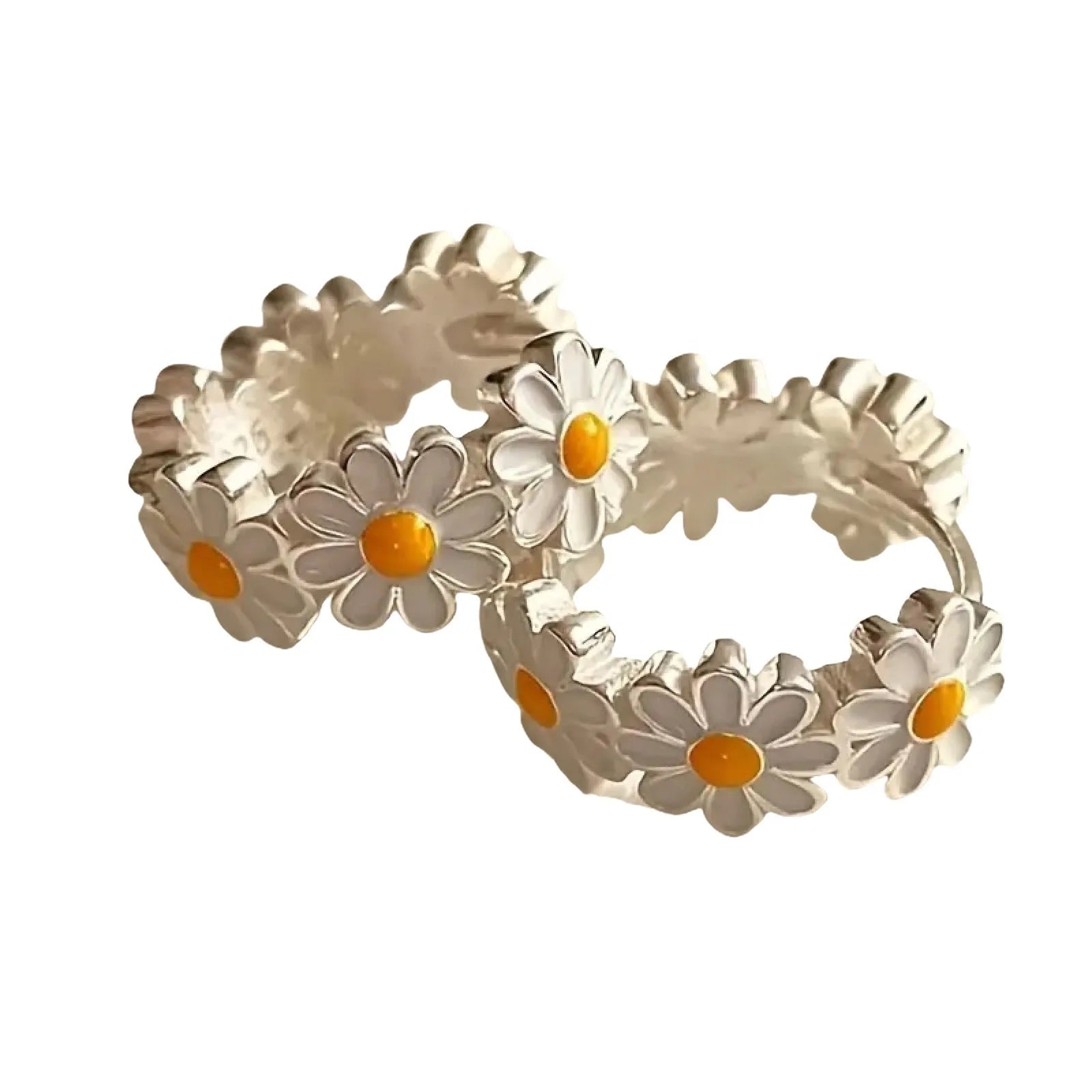 White daisy flower ring earrings with electroplated finish and platinum gem detailing