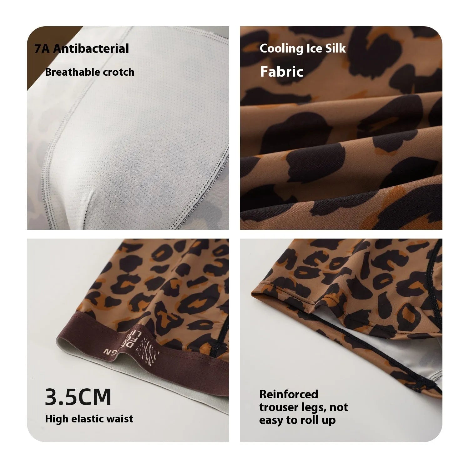 Men's leopard print ice silk boxer shorts laid flat, showing mid-waist design and polyester fabric.