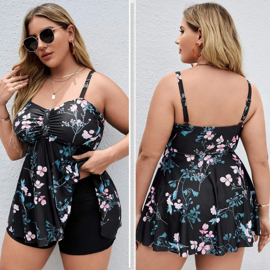 Women's floral print split colour one-piece swimsuit on a mannequin, showing front and back views.
