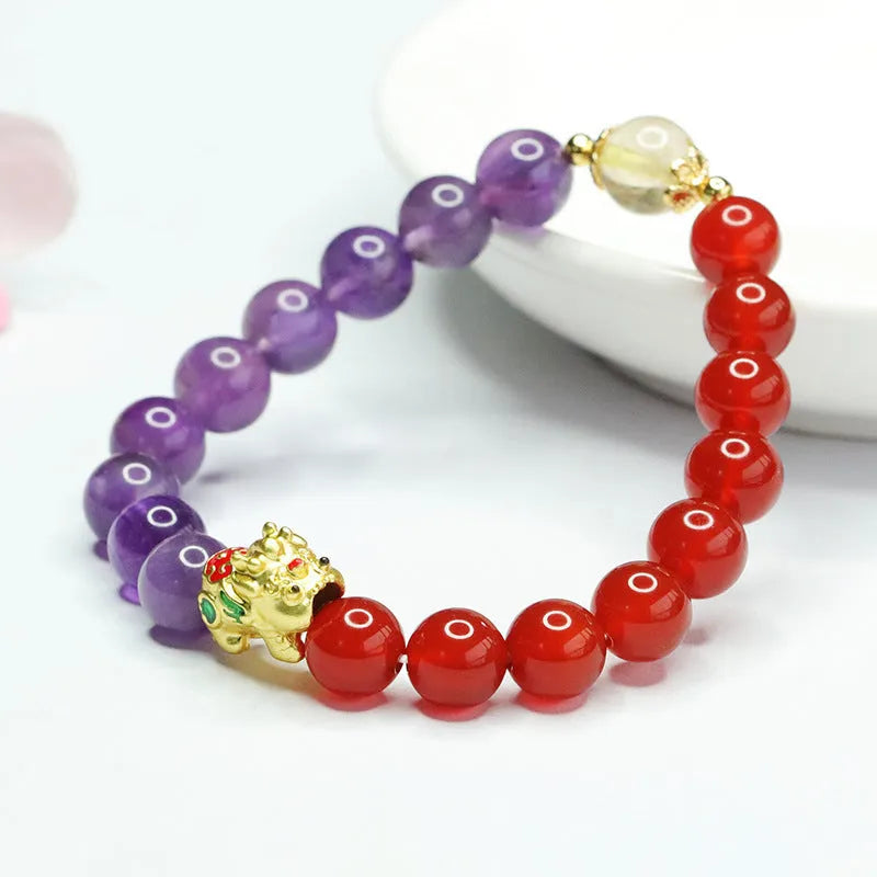 Women's bracelet with purple amethyst and red agate beads in a Chinese style, 8mm bead size.