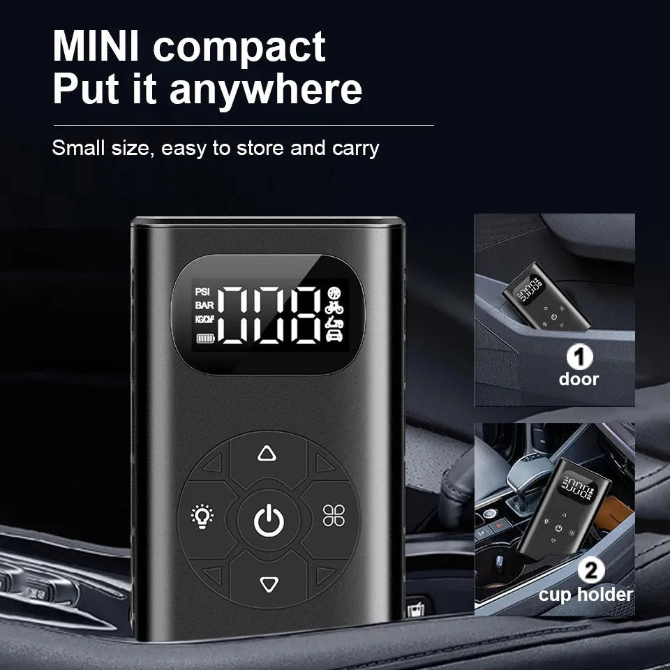 Black aluminium portable air compressor power bank for car and motorcycle tyre inflation.