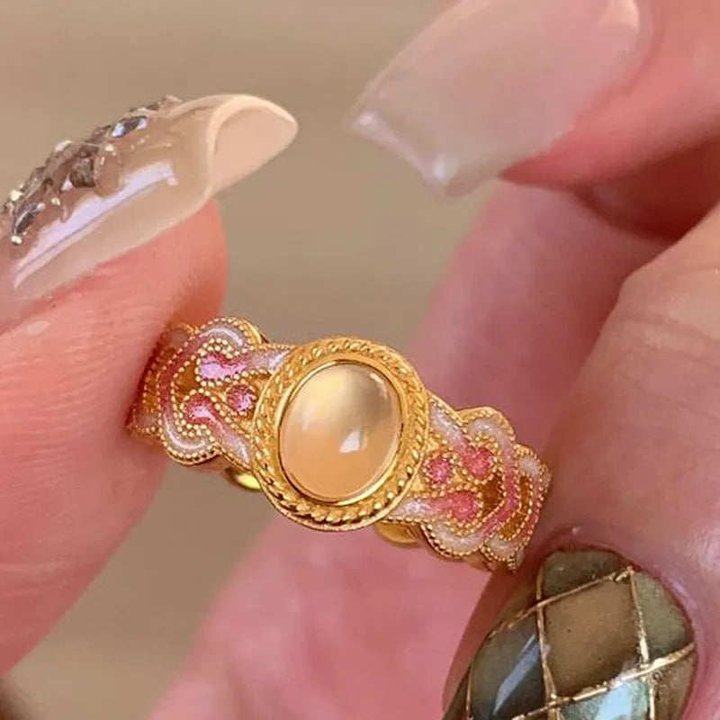 Geometric open gap ring with pink crystal enamel on gold-plated copper for women