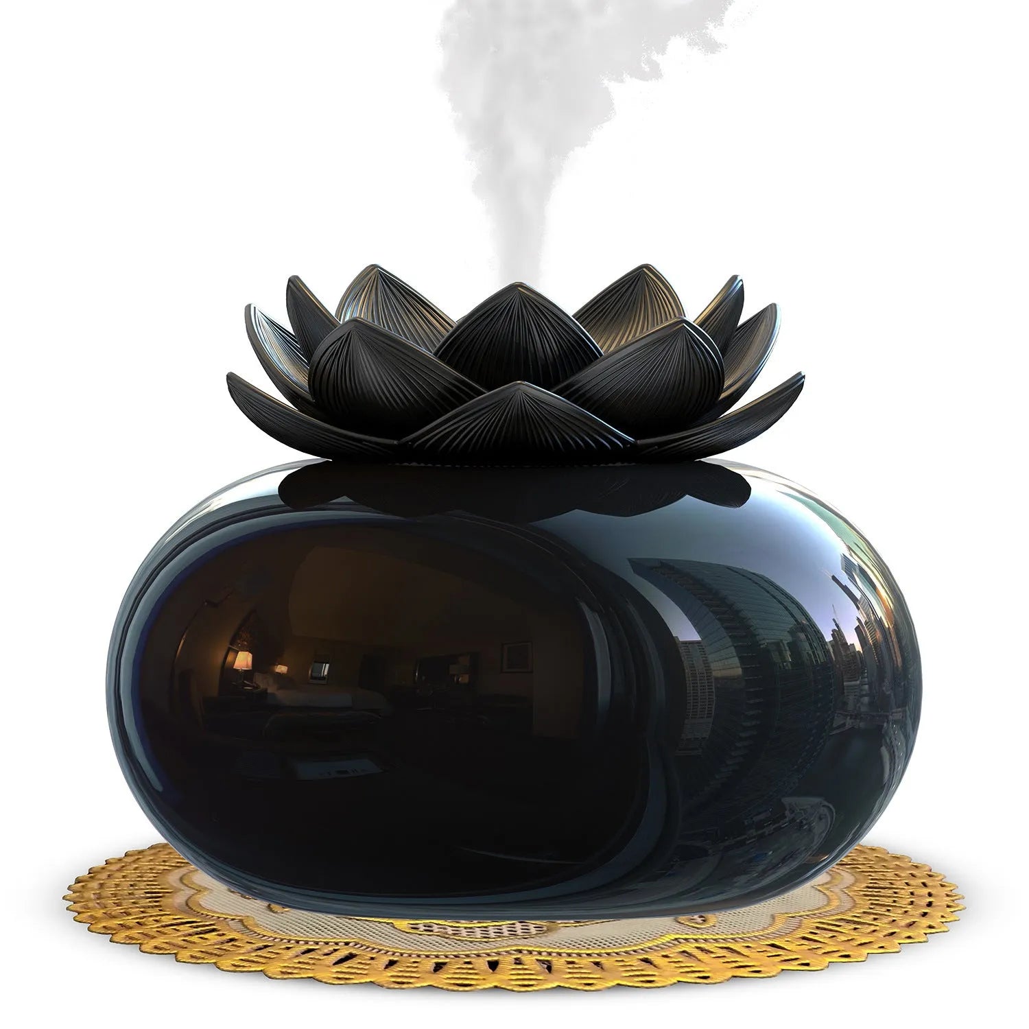 Pure black lotus-shaped ultrasonic humidifier with USB cable connection