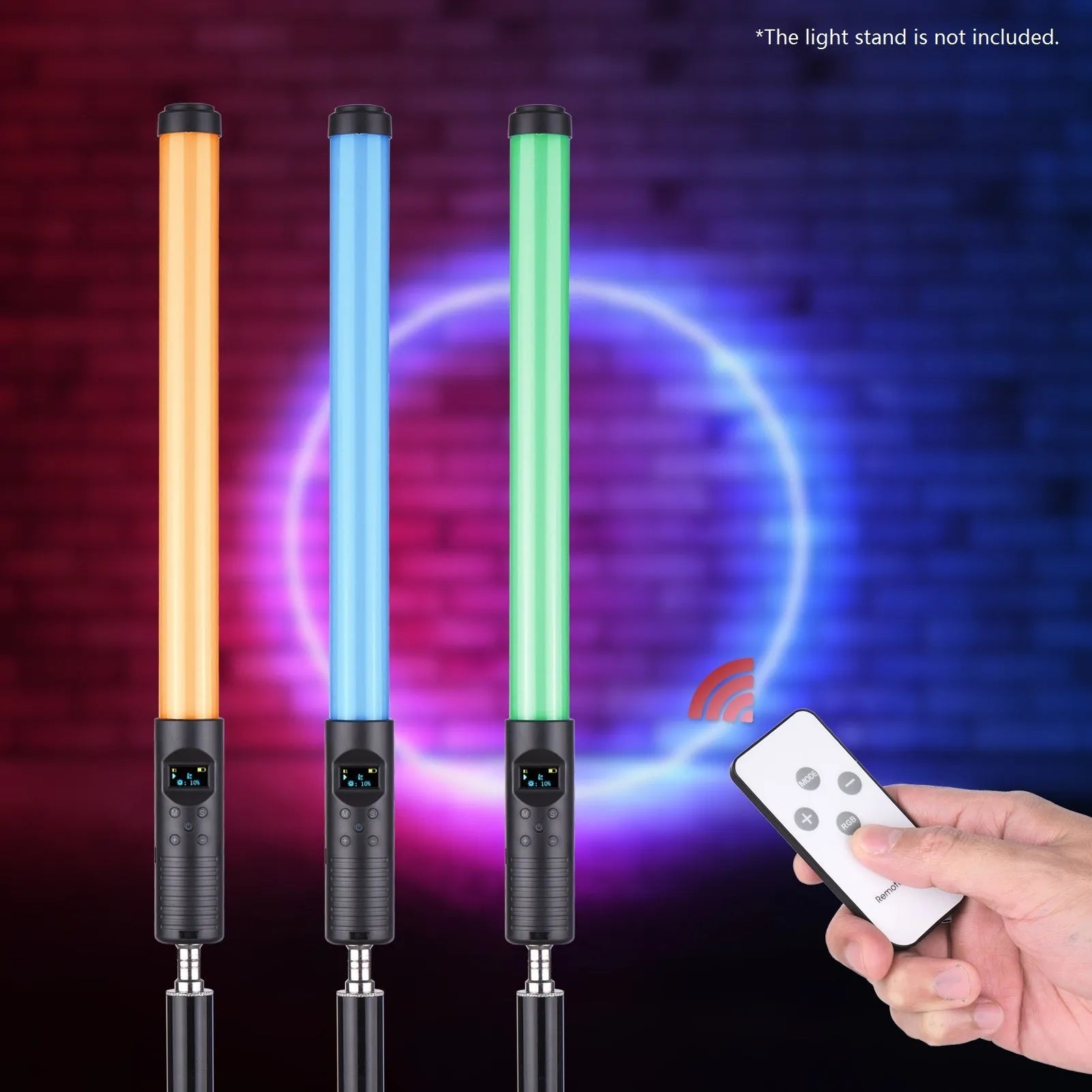 Handheld LED photography light stick showing adjustable colour temperature and a 1/4 inch tripod mount thread.