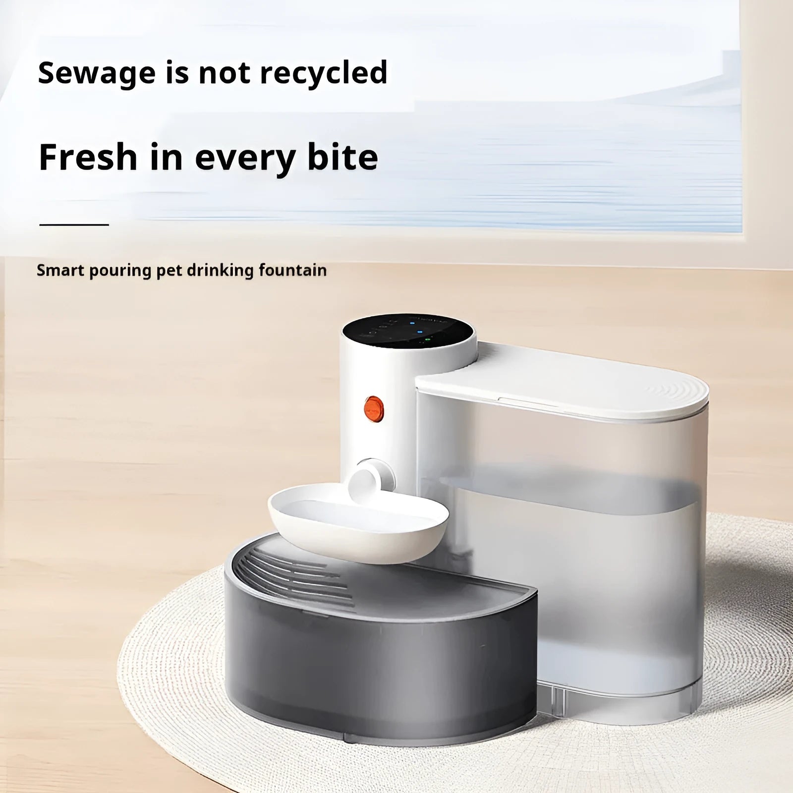 White rechargeable cat water fountain with 3-litre tank and stainless steel drinking bowl