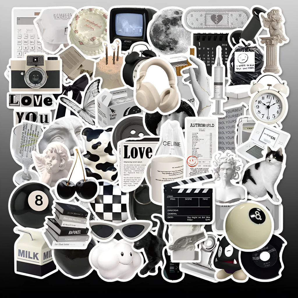 61-piece pack of black and white simple design waterproof PVC stickers for laptops and cups.