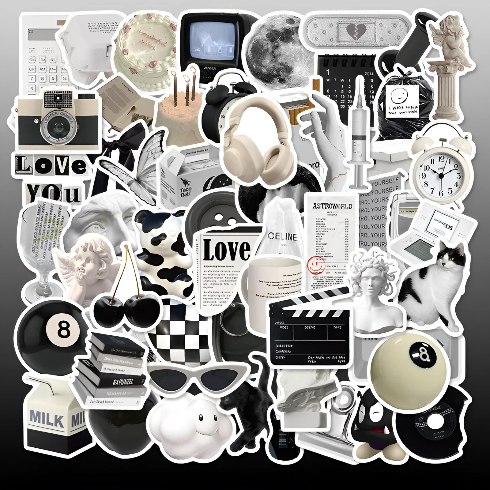 61-piece pack of black and white simple design waterproof PVC stickers for laptops and cups.
