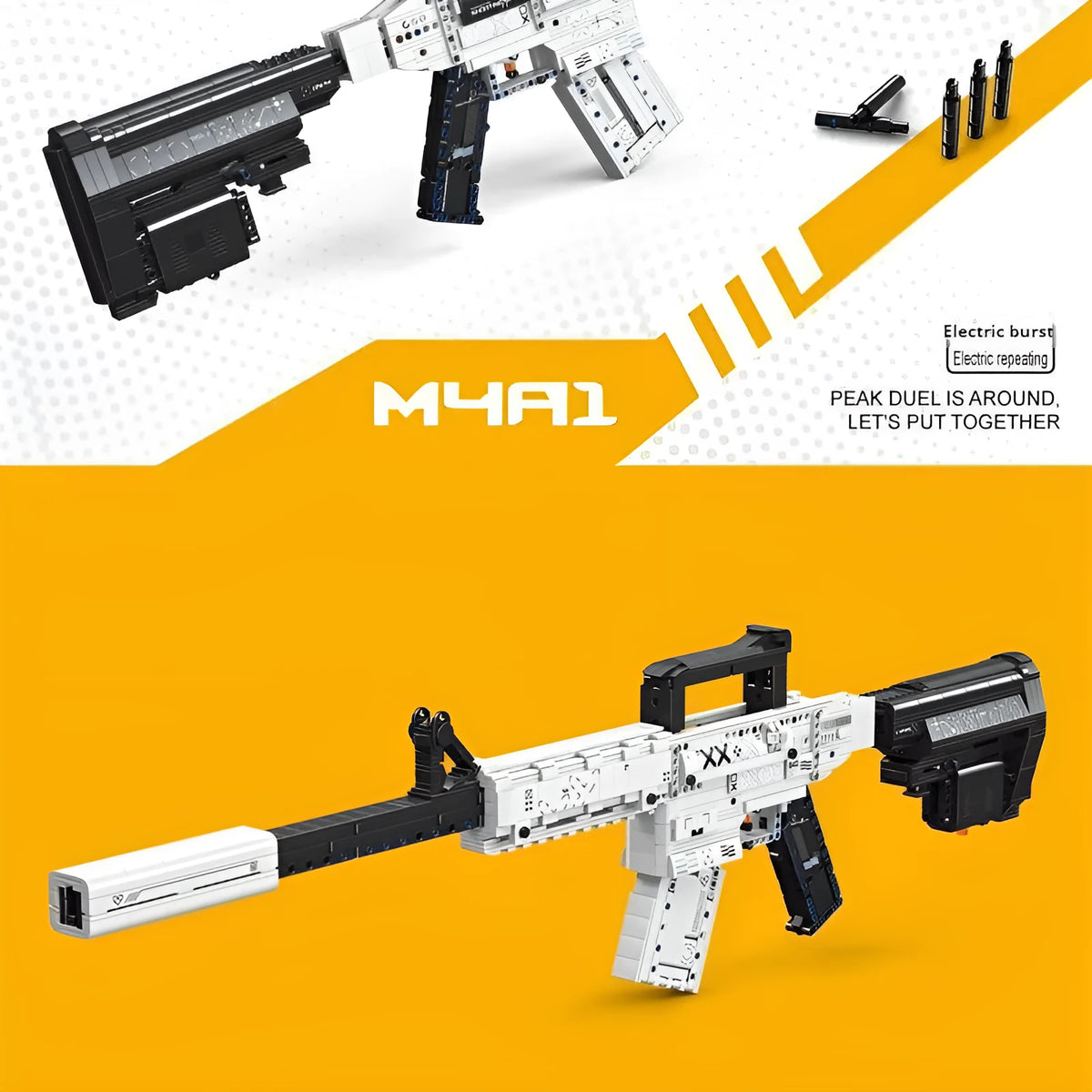 Colour box of plastic building blocks for a removable M4A1-style toy gun with battery power supply