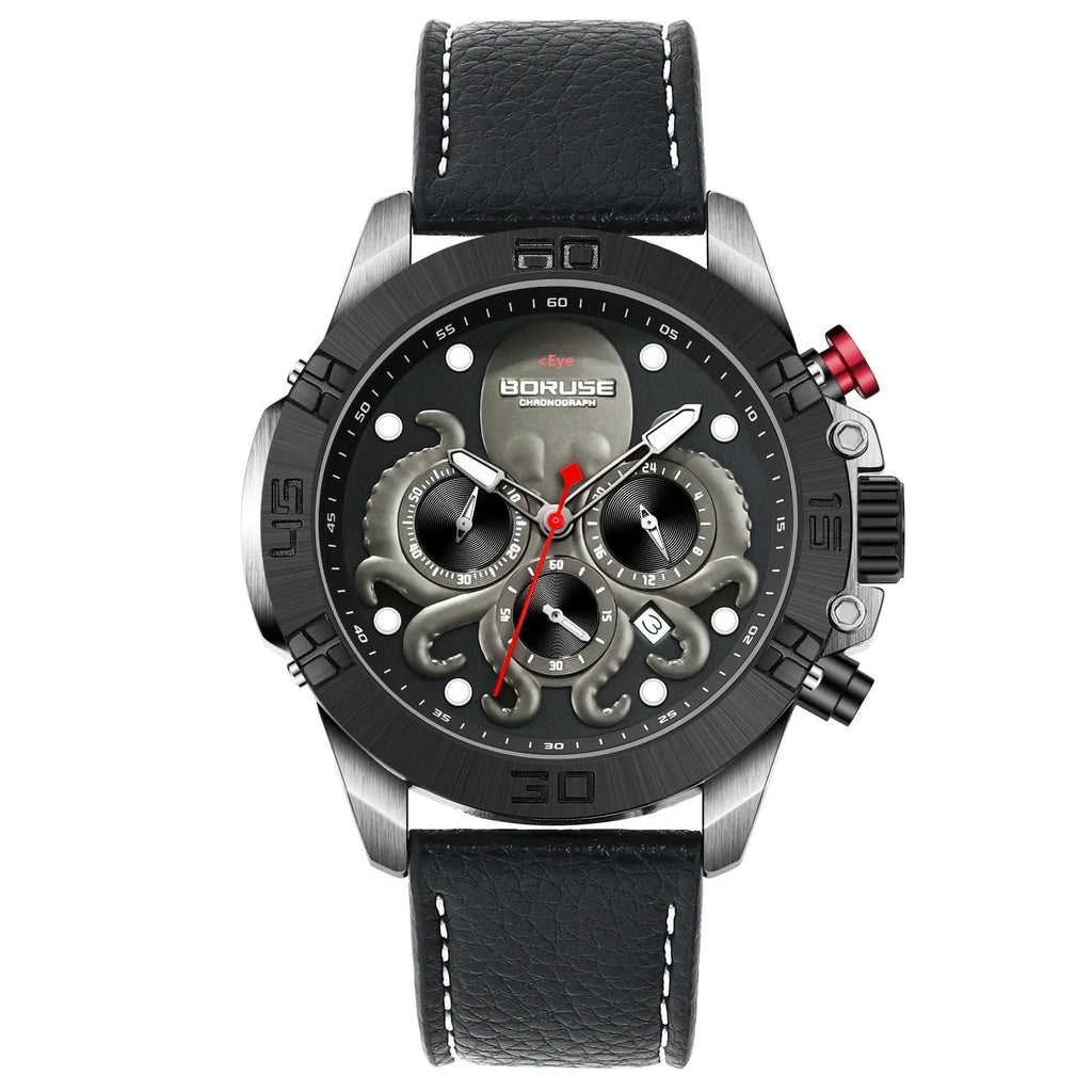 Men's octopus waterproof quartz watch with luminous display in black or blue colour options