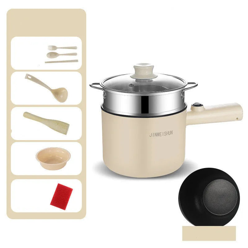 Mini electric hot pot appliance in stainless steel with non-stick coating and included cooking accessories