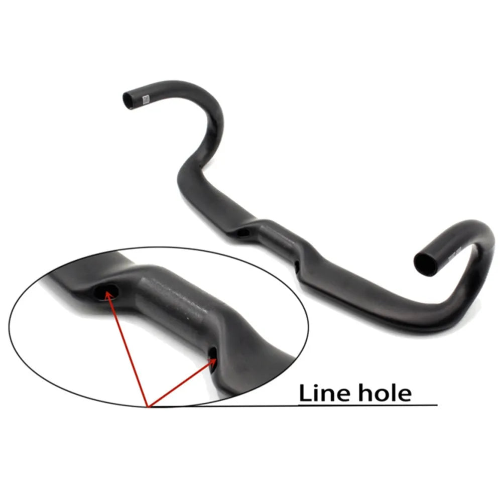 Wei Bike matt carbon fibre road bicycle drop handlebar shown from the side.