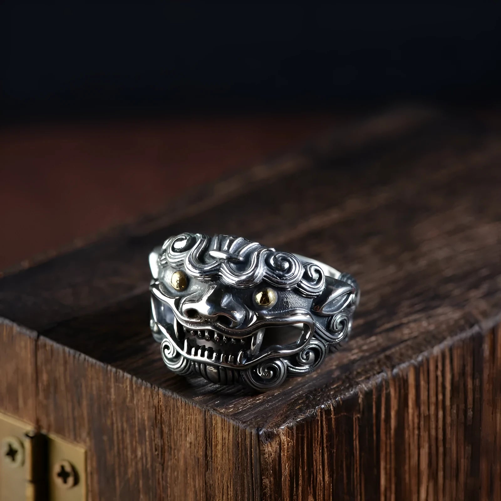 Silver open ring with jibeast pattern and diamond accents showing zodiac animal design