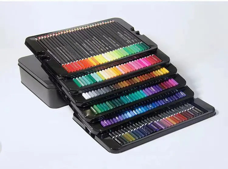 180-colour oily pencil set in rainbow assortment with wooden barrels and iron tin box
