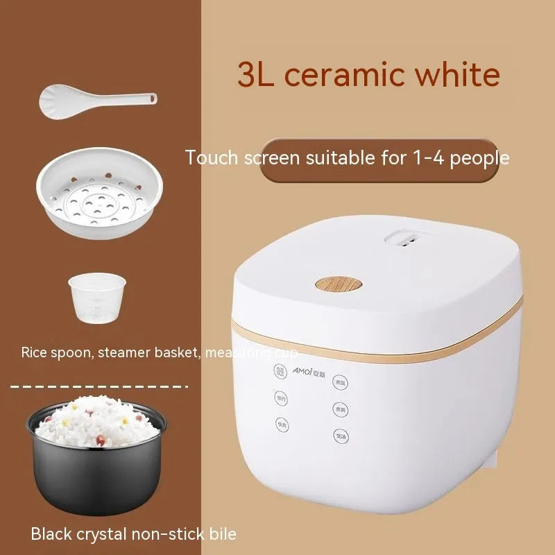 White or beige 3L multi-function rice cooker with black inner pot and included accessories