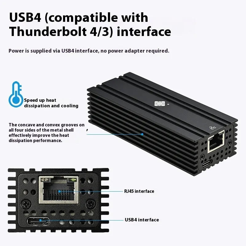 Black Leyu USB4 to 10 Gigabit Ethernet network adapter with attached cable