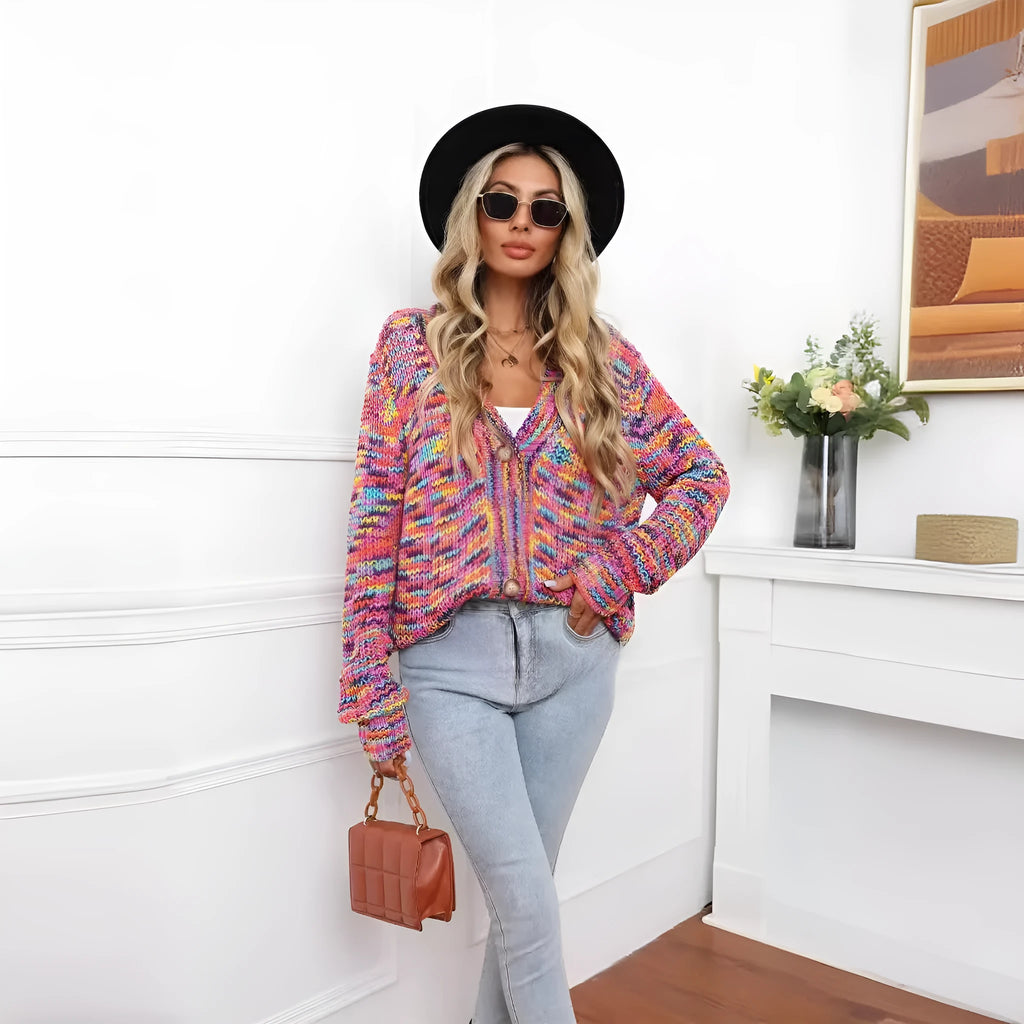 Rose red rainbow striped loose fit short cardigan knitted coat on a model.
