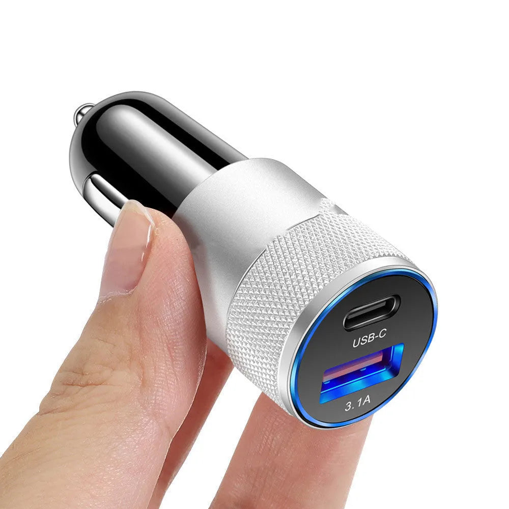 Aluminium alloy car phone charger with 12V input and compact 2.5 by 6cm dimensions